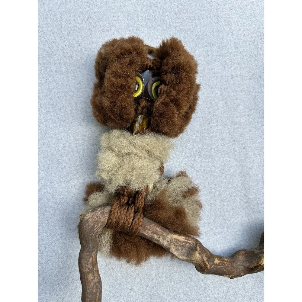 VTG Macrame Owls Perched on Wood Wall Hanging Wood Fluffy 70's MCM Brown